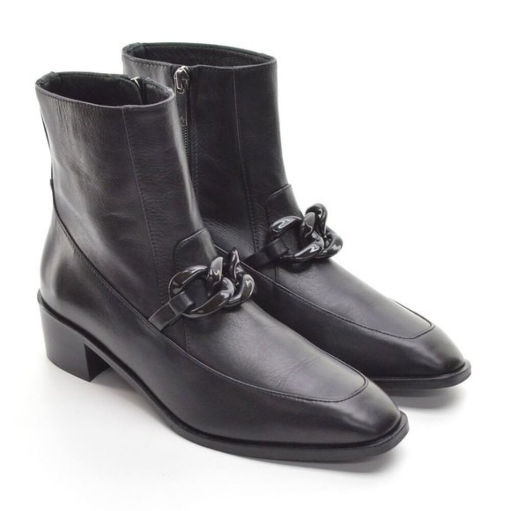 Aquatalia Rizia Black Leather Ankle Boots Block Heel Chain SZ 7 New $550